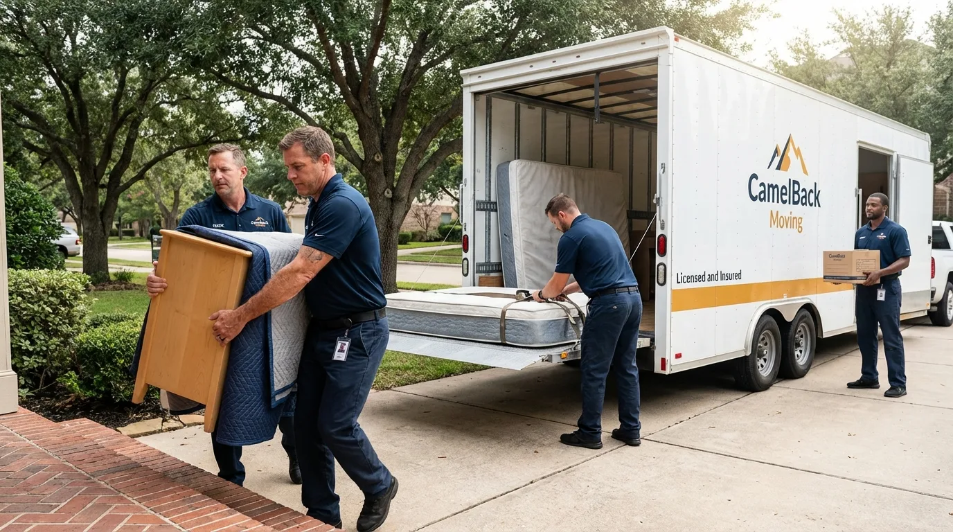 Crew loading residential truck for cross-state move from Chandler, OK