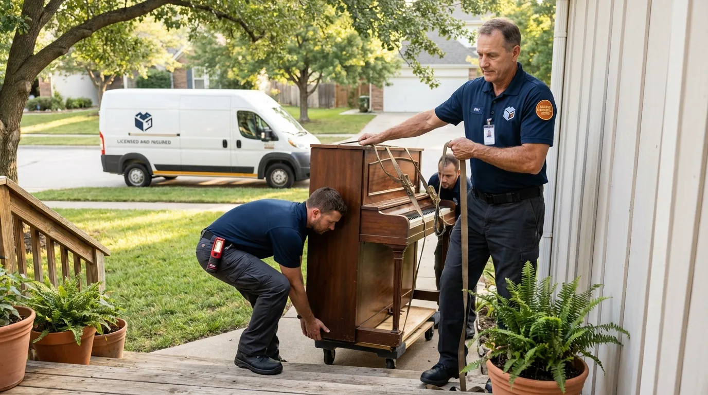 Licensed piano movers securing grand piano in Chandler, OK