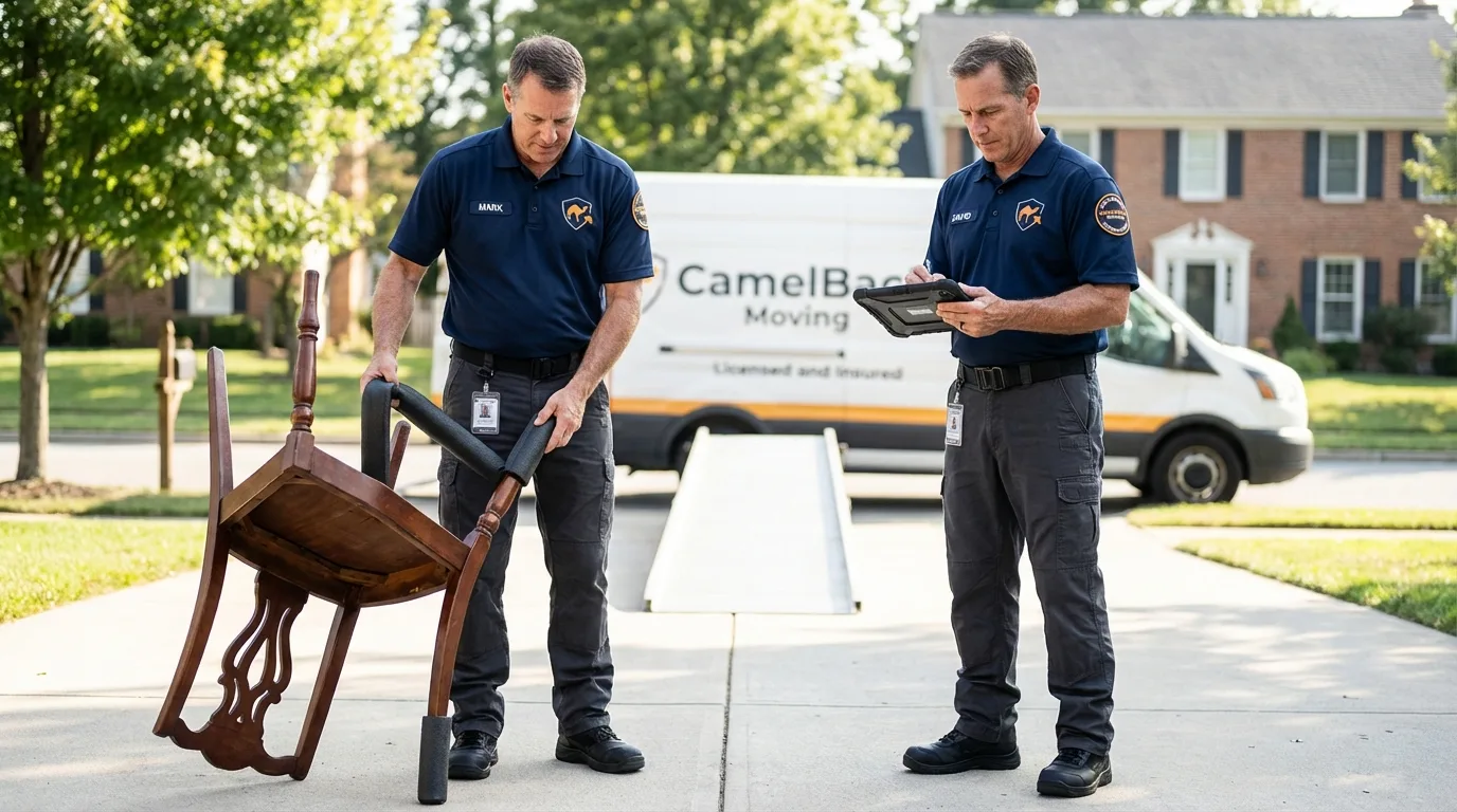Movers inspecting furniture for damage prevention before loading in Chandler, OK