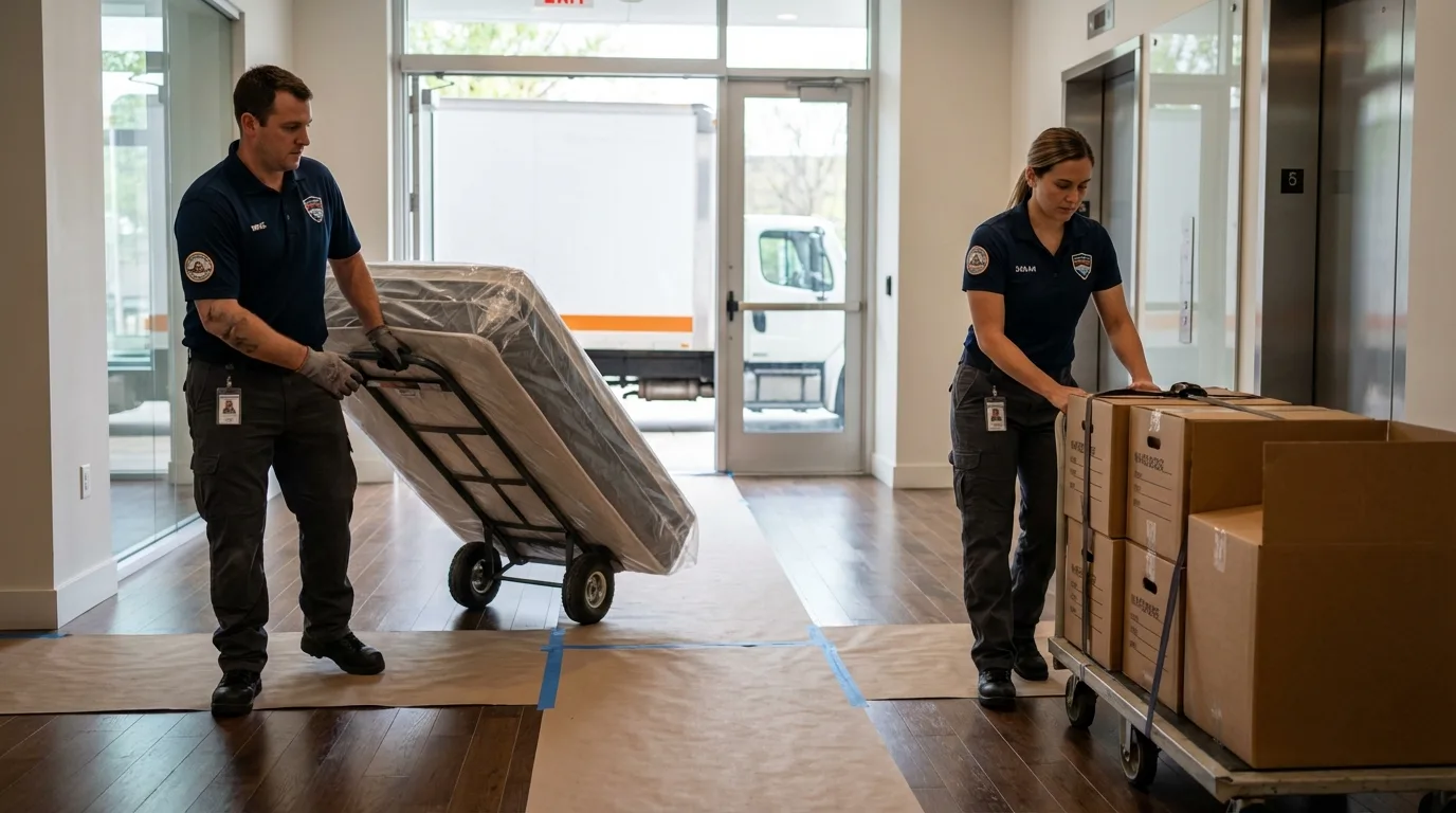 Professional apartment movers loading elevator in Chandler, OK