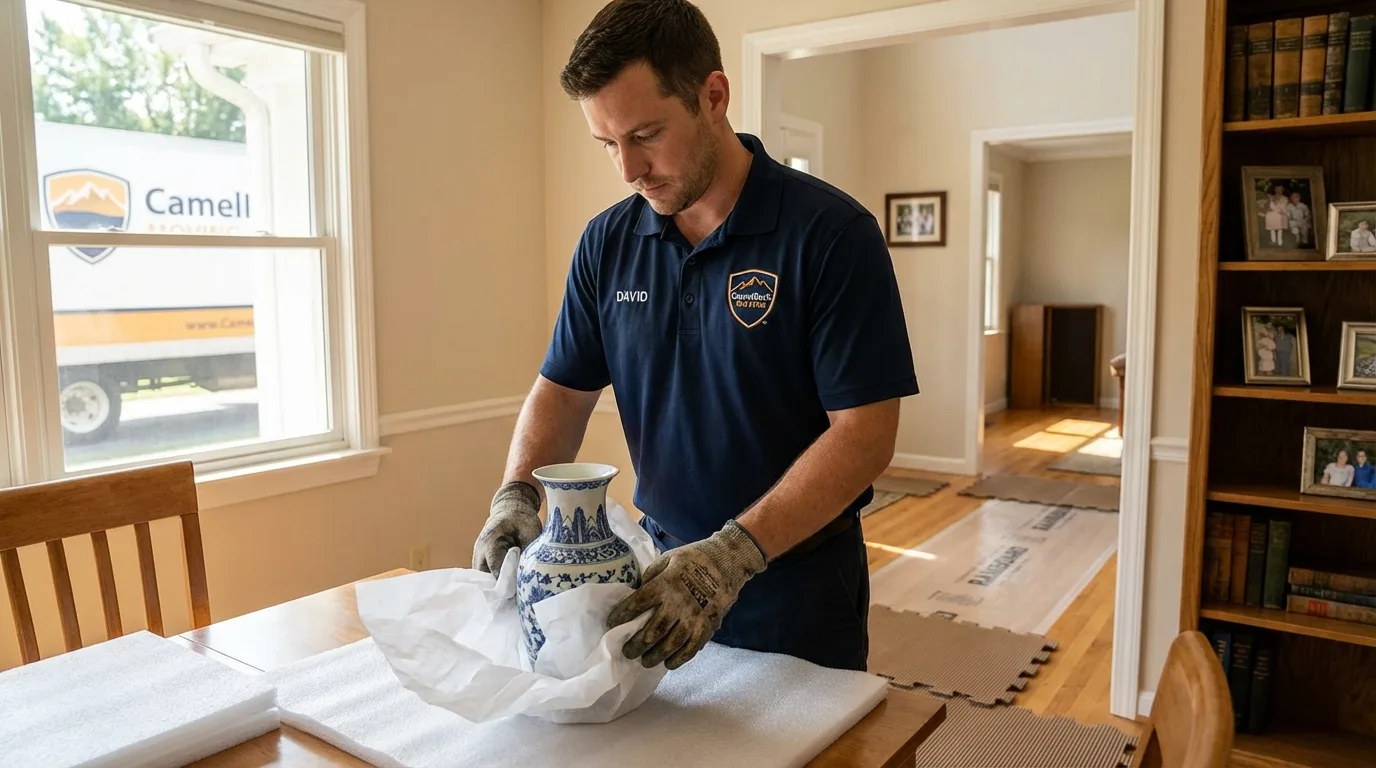 Professional crew carefully wrapping antique vase for senior downsizing move in Chandler, OK