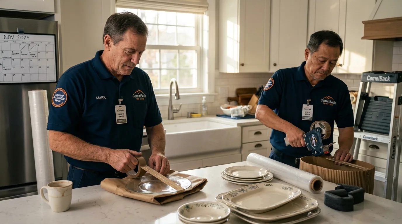 Professional crew packing kitchen dishware in Chandler, OK